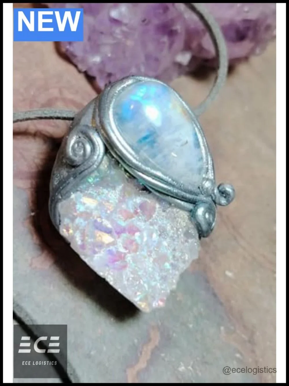 Hand Sculpted Guardian Angel Necklace Rainbow Moonstone Aura Quartz Pendant